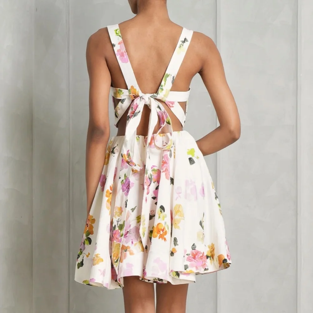 NEW BEST AJE Clara Linen Floral Mini Dress White Pink Blush Spring Back Bow - Picture 2 of 13
